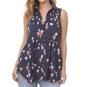 Maeve Anthropologie Navy‎ Hot Air Balloon Print Sleeveless Pintuck Blouse Small